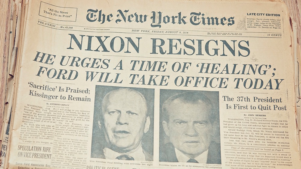 The New York Times, August 9, 1974, Nixon Resigns after Watergate scandal