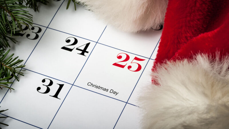 Calendar showing Dec 25 representing Christmas Day holiday