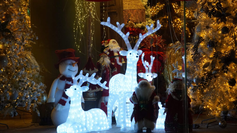 Holiday window display with reindeer, snowmen, santa clauses and christmas trees