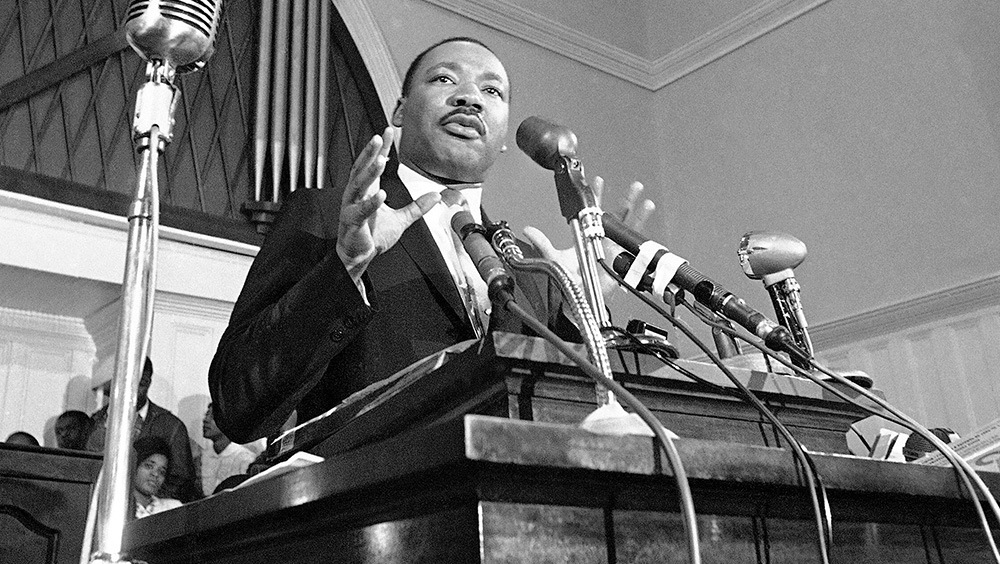 Black civil rights activist Martin Luther King Jr. speaks in Atlanta