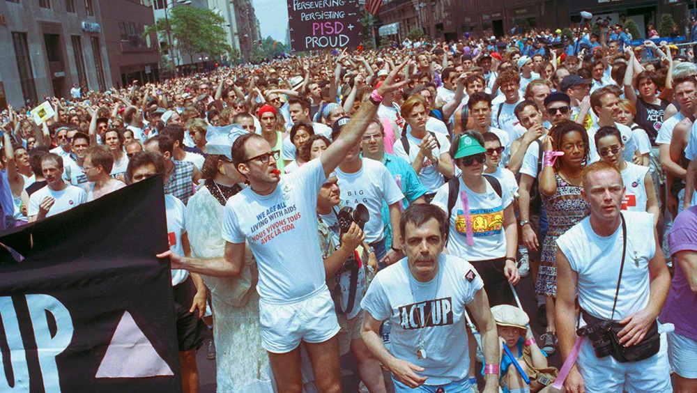 Members of ACT-UP march in New York's annual Gay Pride Parade in June 1990