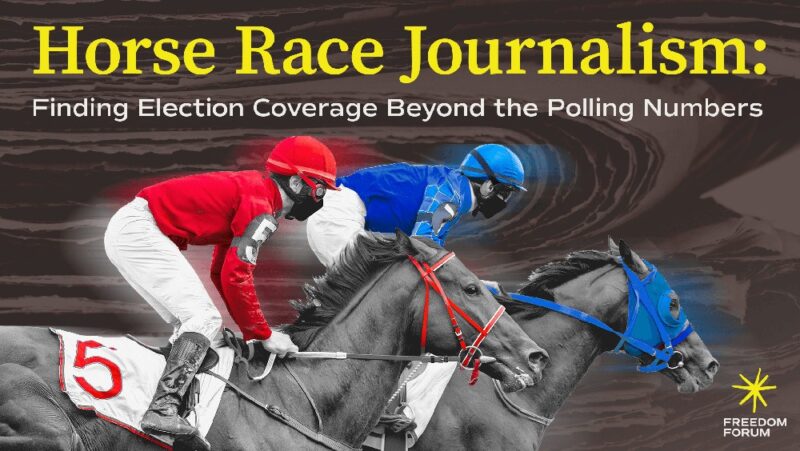 Two jockeys racing horses with text 