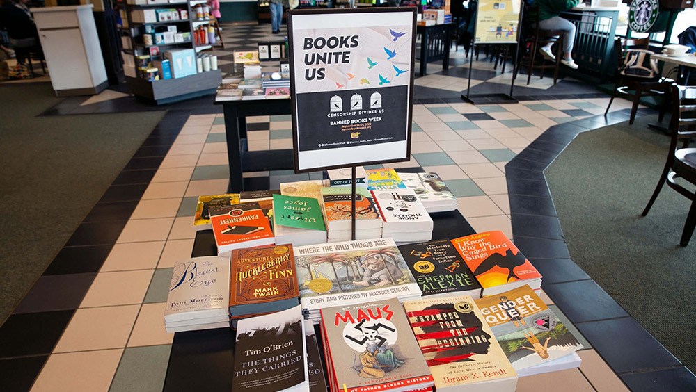 A display of famous banned books in a Barnes & Noble bookstore.