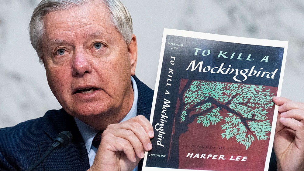 Sen. Lindsey Graham holds up a "To Kill a Mockingbird" cover during a hearing on book bans