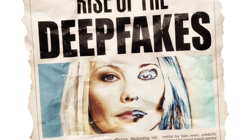 Simulated newspaper clipping about data scientists warning of the threat of deepfakes.