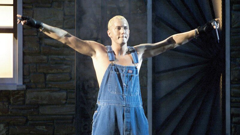 Eminem performs during the 2001 Brit Awards in London.