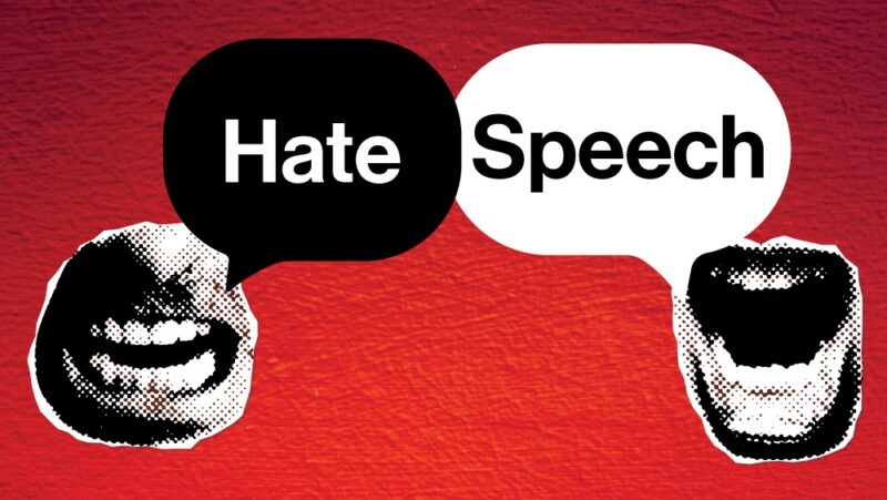 Illustration over red background of two mouths with word bubbles reading hate speech