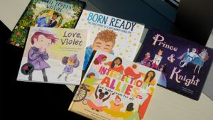 A selection of books featuring LGBTQ characters that are part of a Supreme Court case are pictured, April, 15, 2025, in Washington.