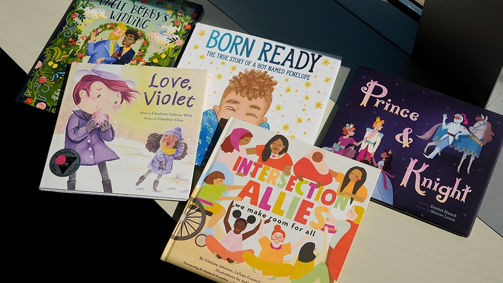 A selection of books featuring LGBTQ characters that are part of a Supreme Court case are pictured, April, 15, 2025, in Washington.