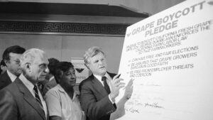 A black-and-white historical image showing a group of men viewing a large plaque containing text detailing the grape boycott pledge