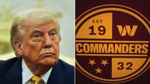 A side by side photo showing Donald Trump and the Washington Commanders logo.