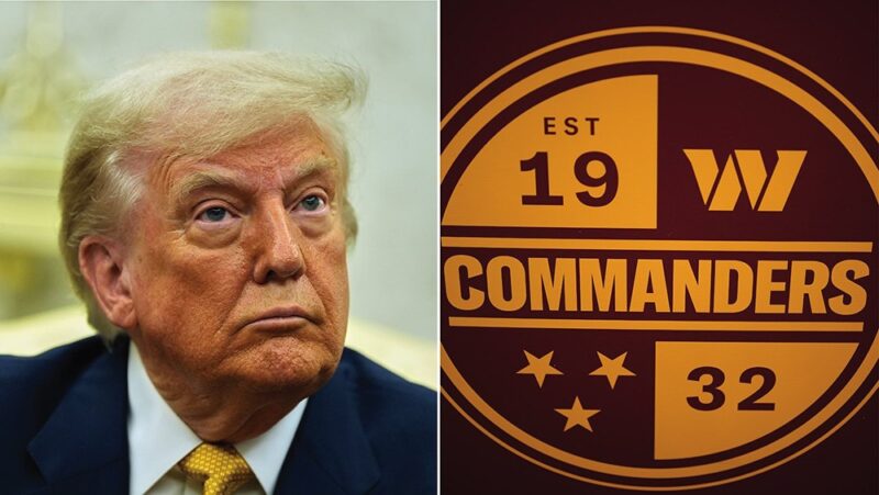 A side by side photo showing Donald Trump and the Washington Commanders logo.