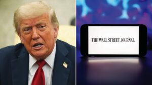 A side by side photo showing Donald Trump and The Wall Street Journal logo on a smartphone.
