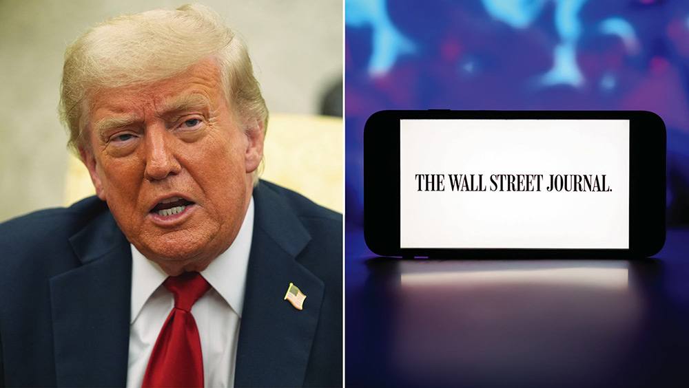 A side by side photo showing Donald Trump and The Wall Street Journal logo on a smartphone.