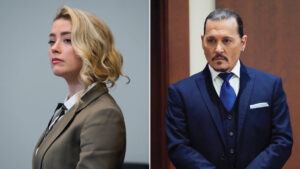 A side-by-side image of Amber Heard in a grey suit jacket on the left, and Johnny Depp in a blue suit on the right