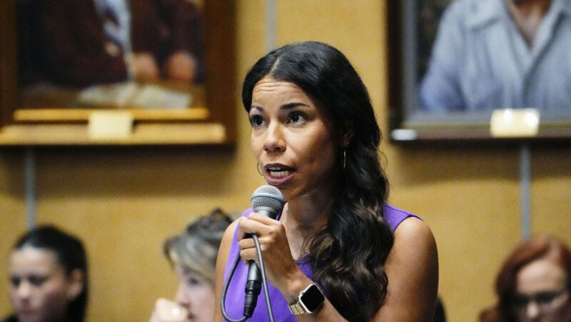 A photo of Arizona state Sen. Analise Ortiz, wearing purple, speaking into a microphone with people seated behind her