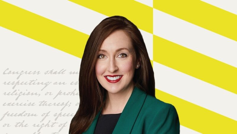 Headshot of Freedom Forum First Amendment specialist Alex Morey over background with text of First Amendment and yellow stripes