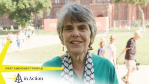 Photo of Mary Beth Tinker with a yellow star overlay that reads First Amendment Profile 1A in Action