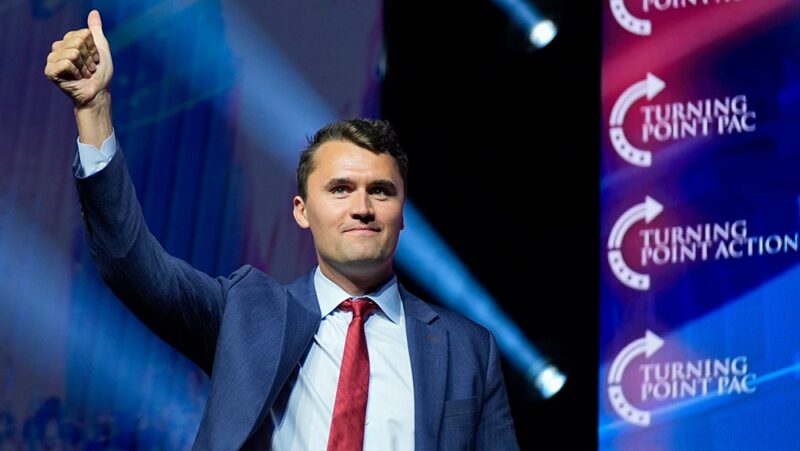 Charlie Kirk arrives to speak before Republican presidential nominee Donald Trump during a campaign rally at Thomas & Mack Center, Thursday, Oct. 24, 2024, in Las Vegas.