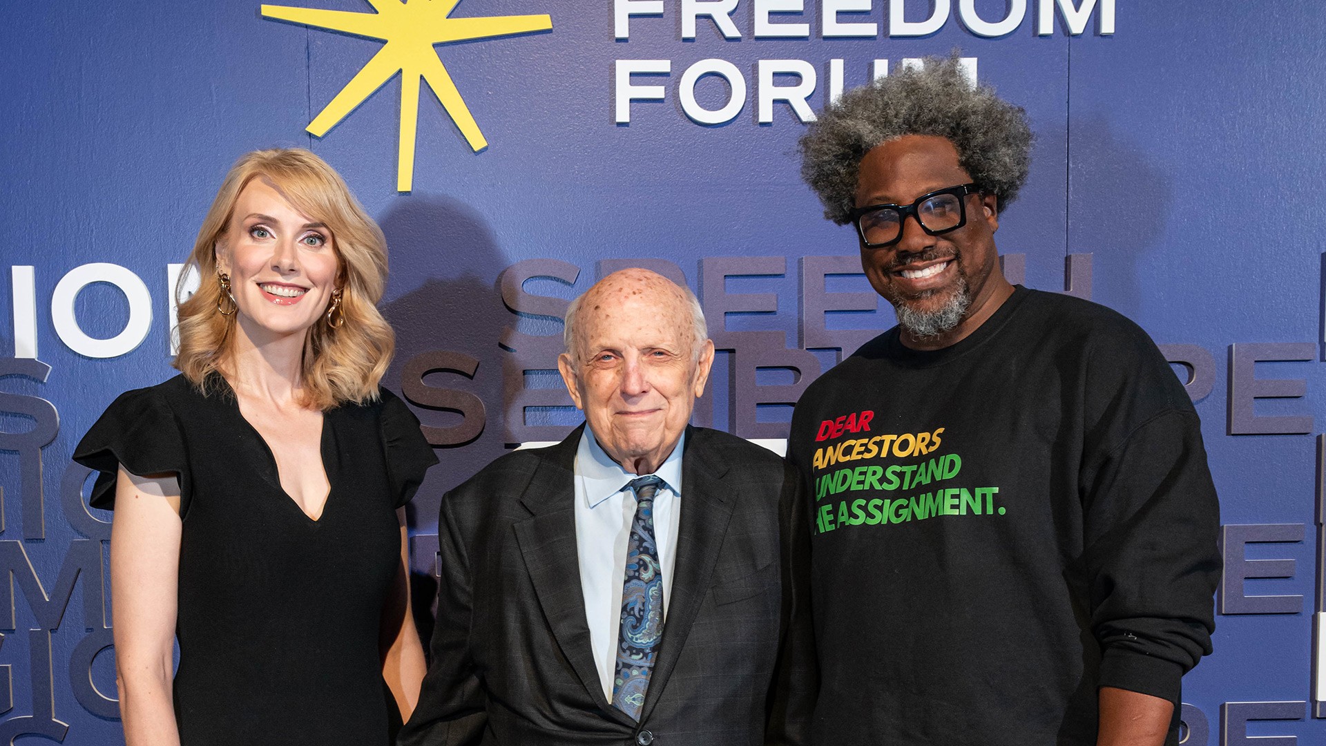 From left: 2025 Free Expression Awards honorees Sharon McMahon, “America’s Government Teacher,” author and founder of “The Preamble” newsletter, Floyd Abrams, legendary First Amendment lawyer and W. Kamau Bell, award-winning TV host, comedian and filmmaker.
