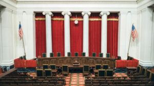 The interior of the Supreme Court, with the nine justices' seats sitting empty