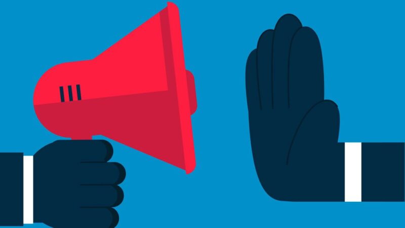 An illustrating showing a hand holding a megaphone facing another hand held up in a 