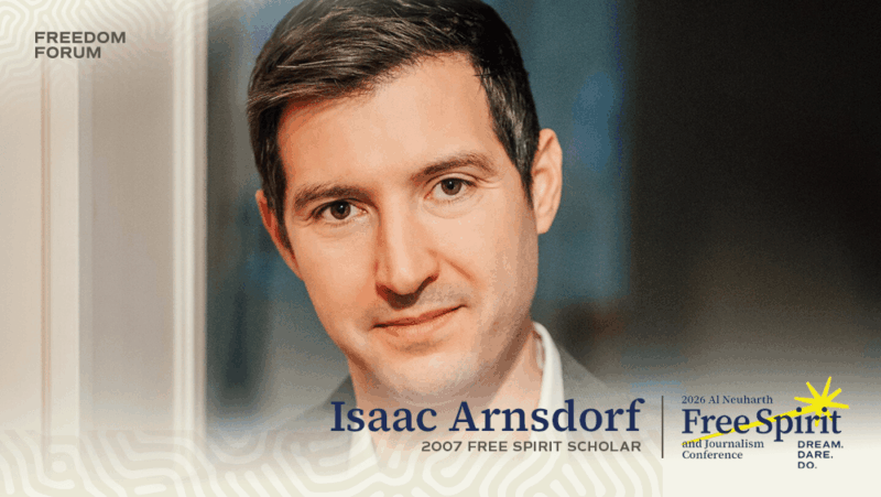 A headshot of Isaac Arnsdorf wearing a suit with text overlay that reads 