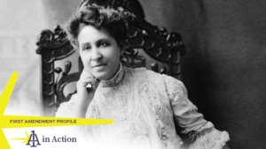A black and white image of Mary Church Terrell sitting on a chair resting her head in her hand, with text overlaying the image that reads "First Amendment profile: 1A in Action"